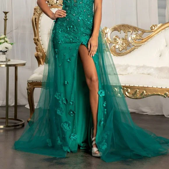 Rhinestone Embellished Mesh Mermaid Dress w/ 3-D Flower and Detached Layer G3011